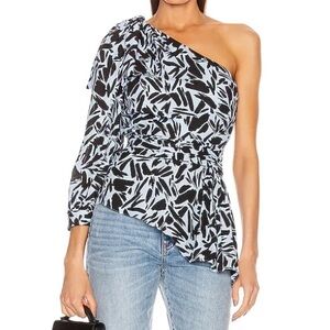 Veronica Beard Vida Top One Shoulder Silk Blend Blue Black